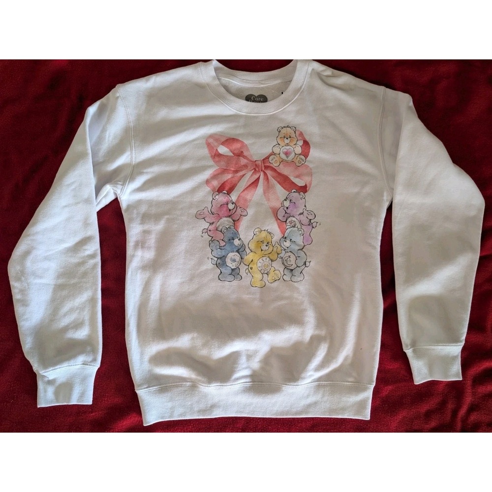 NEW White Womens Small Care Bears & Pink Bow Long Sleeve Graphic Sweatshirt